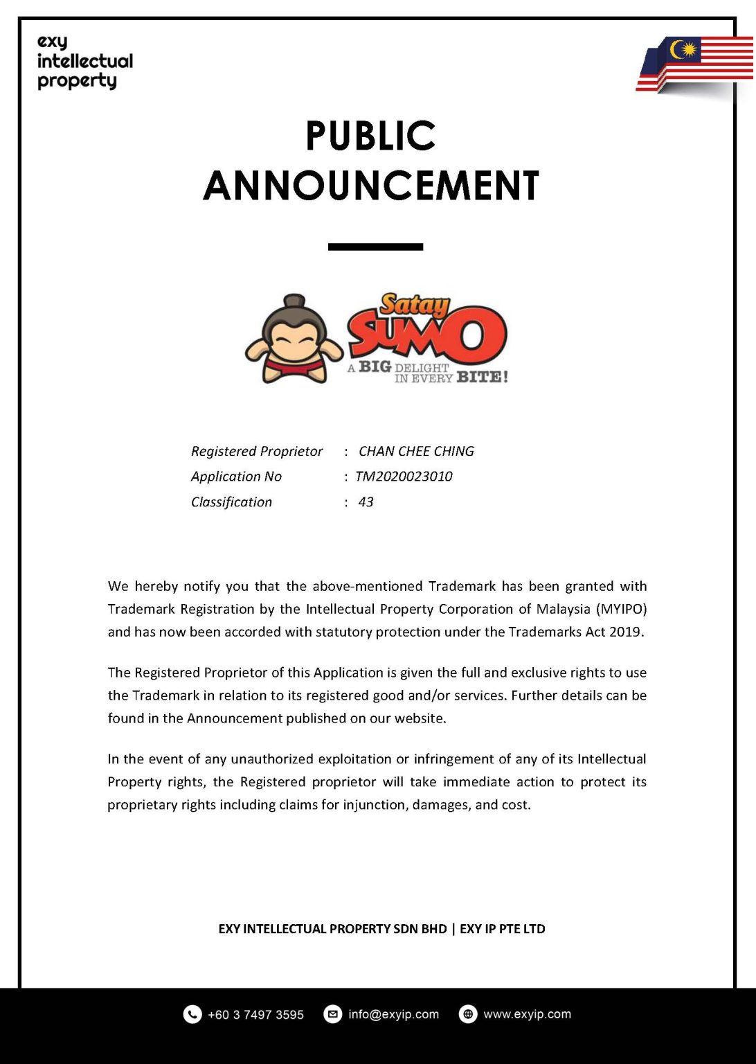 Successful Trademark Registration for Chan Chee Ching - ExyIp