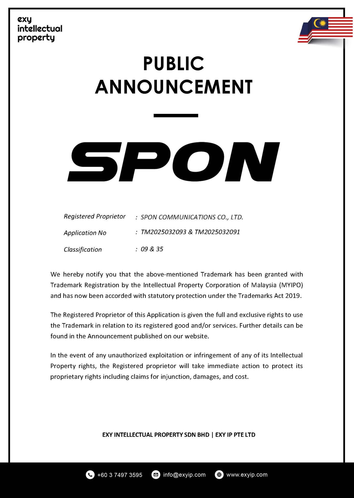 Spon Example Successful Trademark Registration for Spon Communications - ExyIp